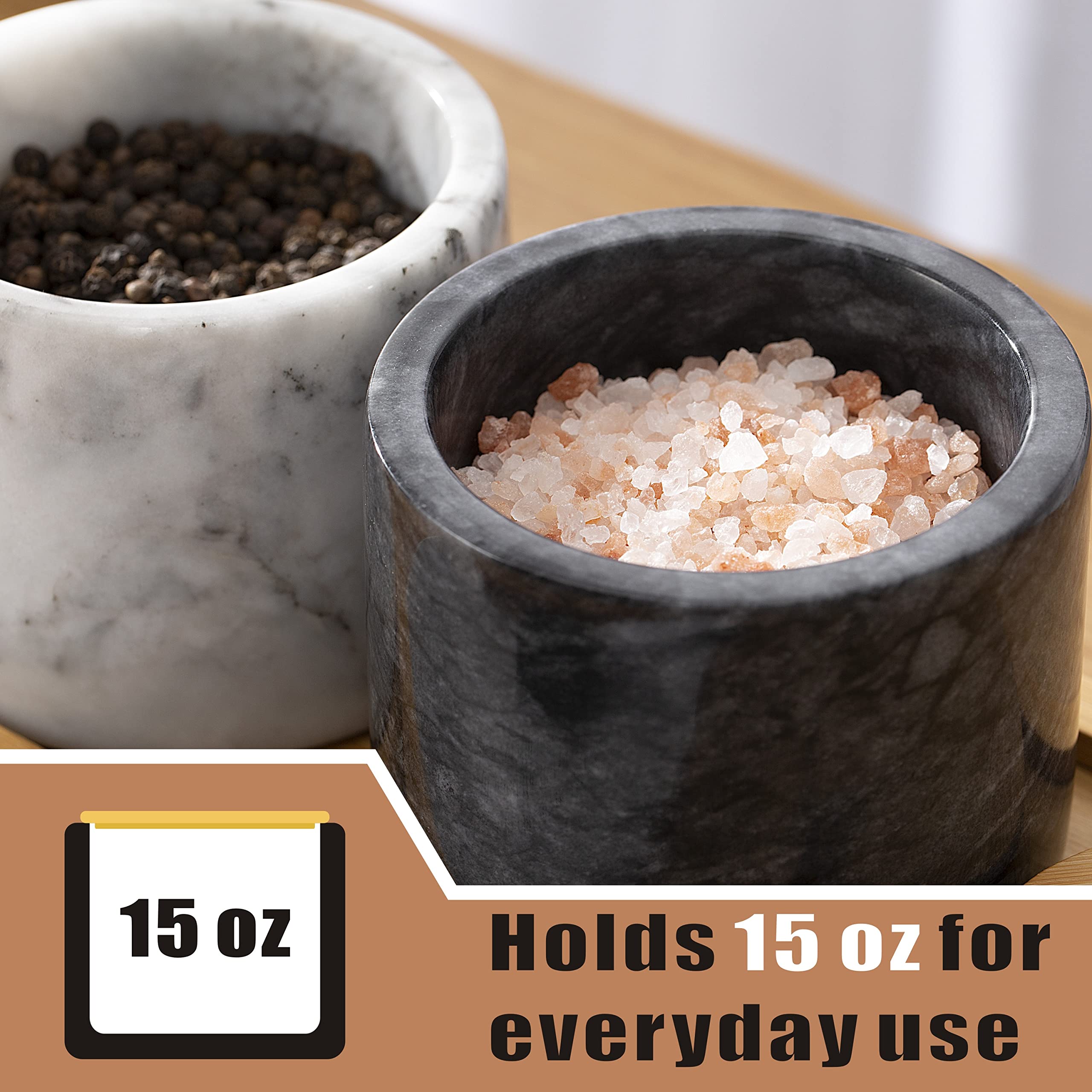 NHKRTE marble salt cellar on a clean kitchen counter