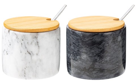 NHKRTE marble salt cellar set with two bowls showing unique veining for daily seasoning.
