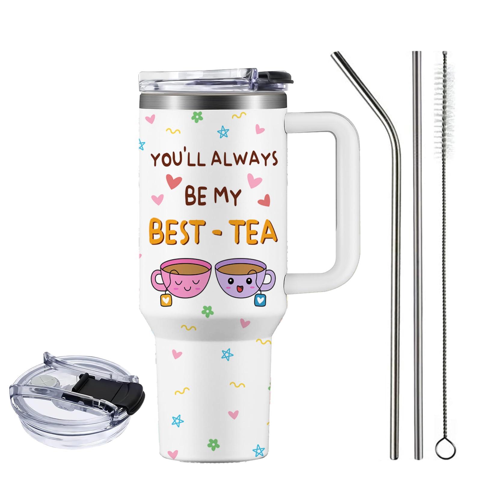 NIAXAUYT bestie tea tumbler with lid front view, ideal for hot or cold daily use.