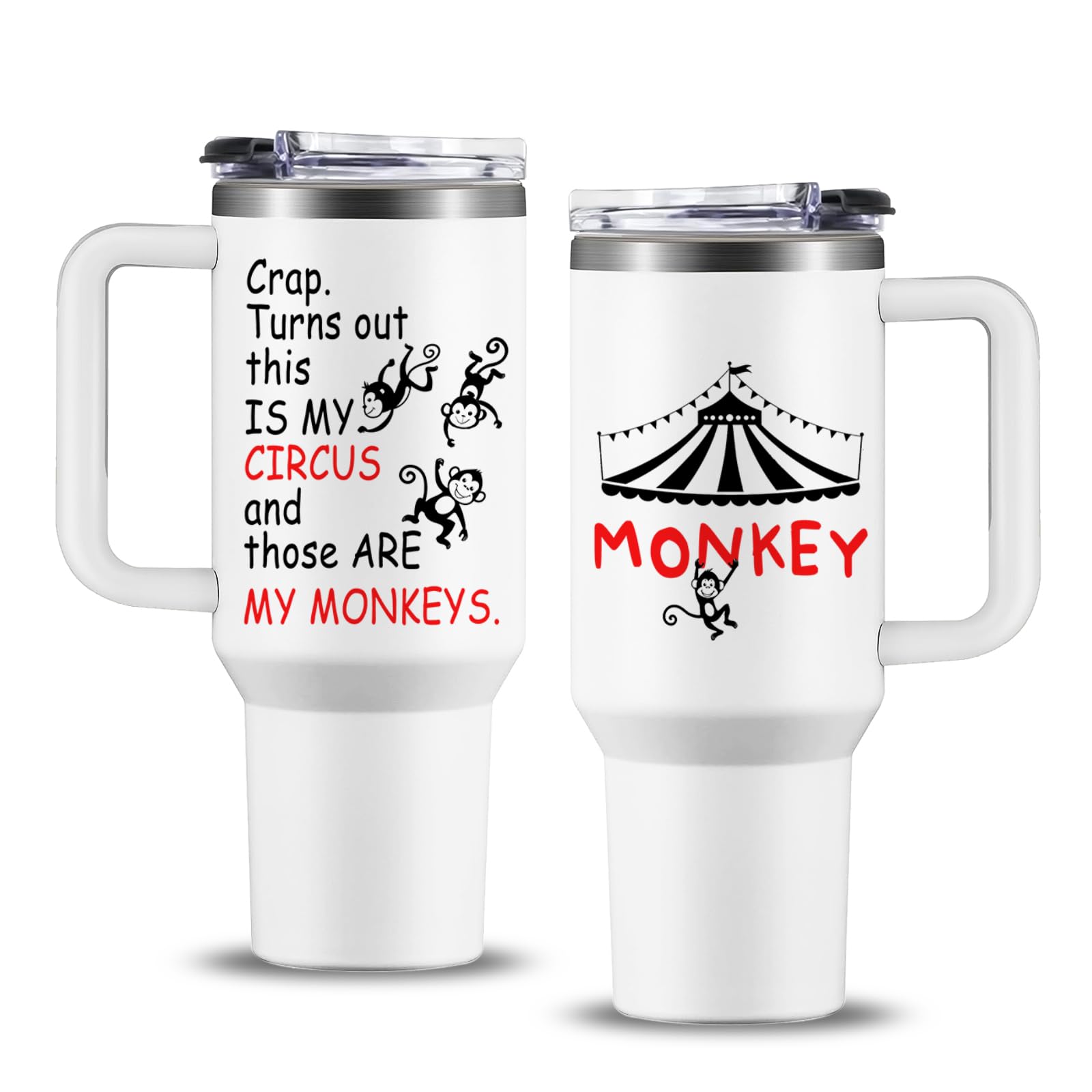 NIAXAUYT Circus Tumbler 40 oz front view, keeps drinks hot or cold.