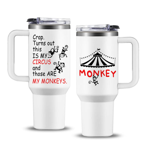 NIAXAUYT Circus Tumbler 40 oz front view, keeps drinks hot or cold.