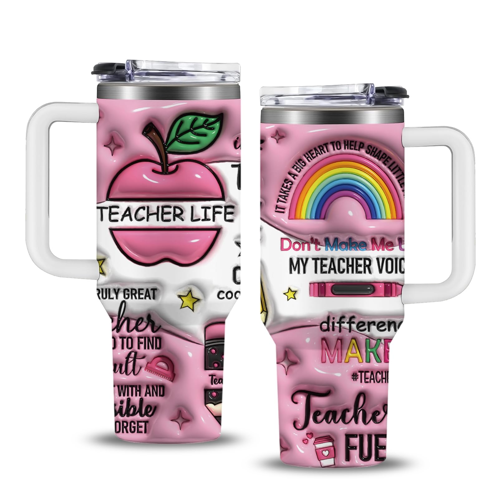 NIAXAUYT Teacher Life pink tumbler – front view, ideal for daily classroom coffee.