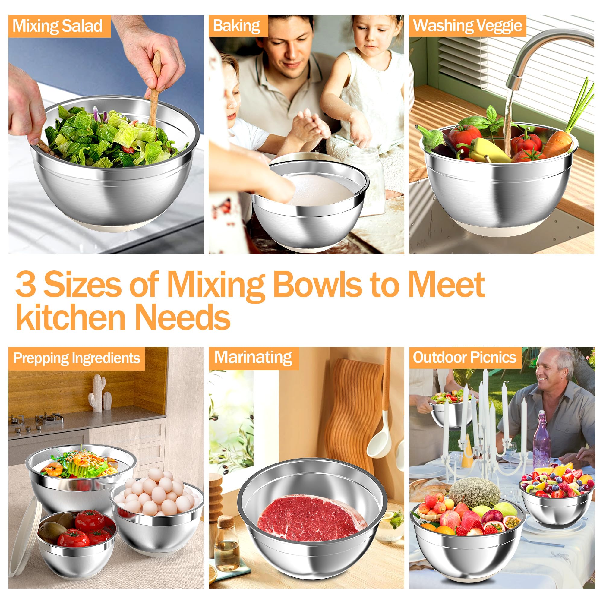 Nicdiet bowls in three sizes (1.5, 2.5, 5 QT) fit kitchen needs.