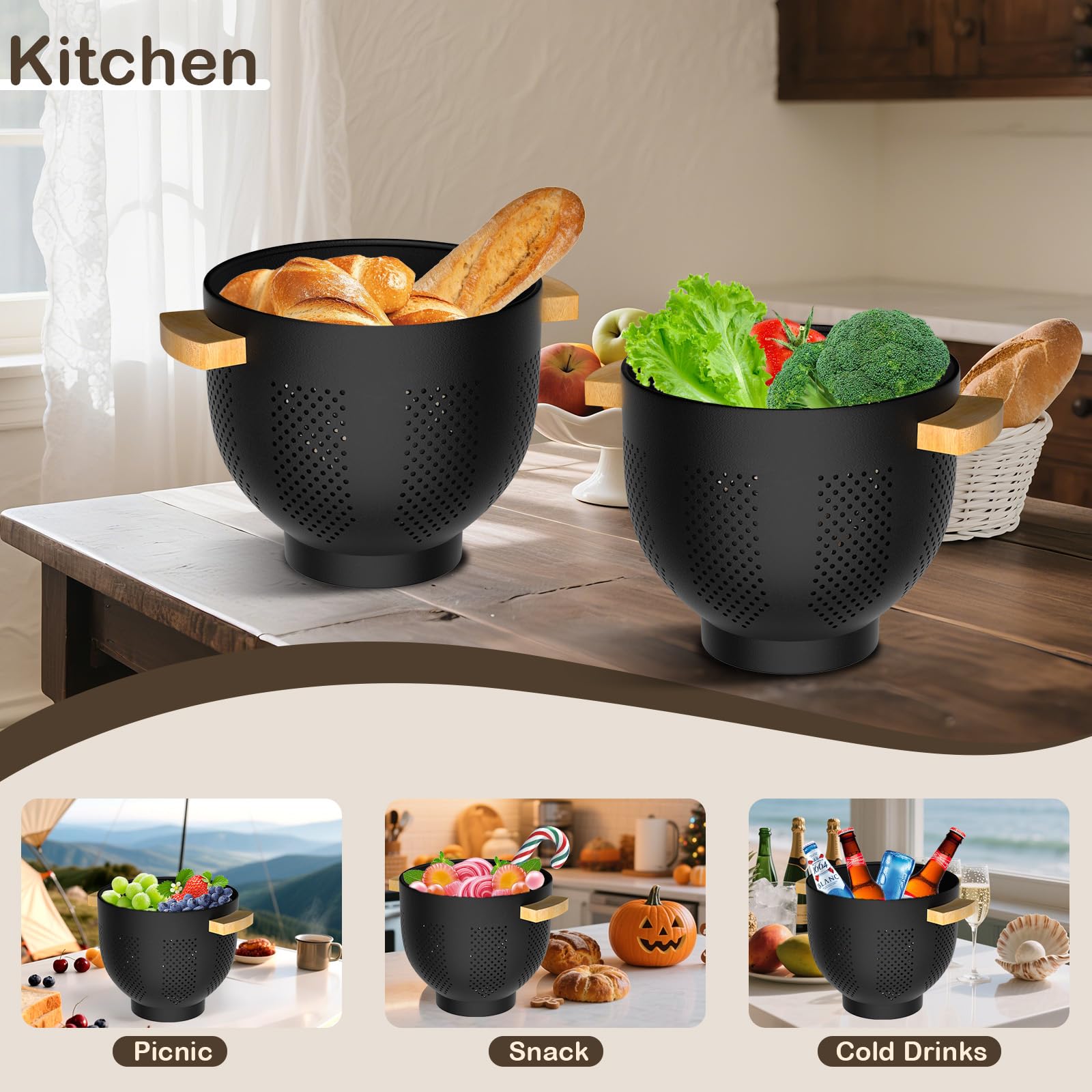 Nicdiet colander features elevated base with non-slip grip for steady draining