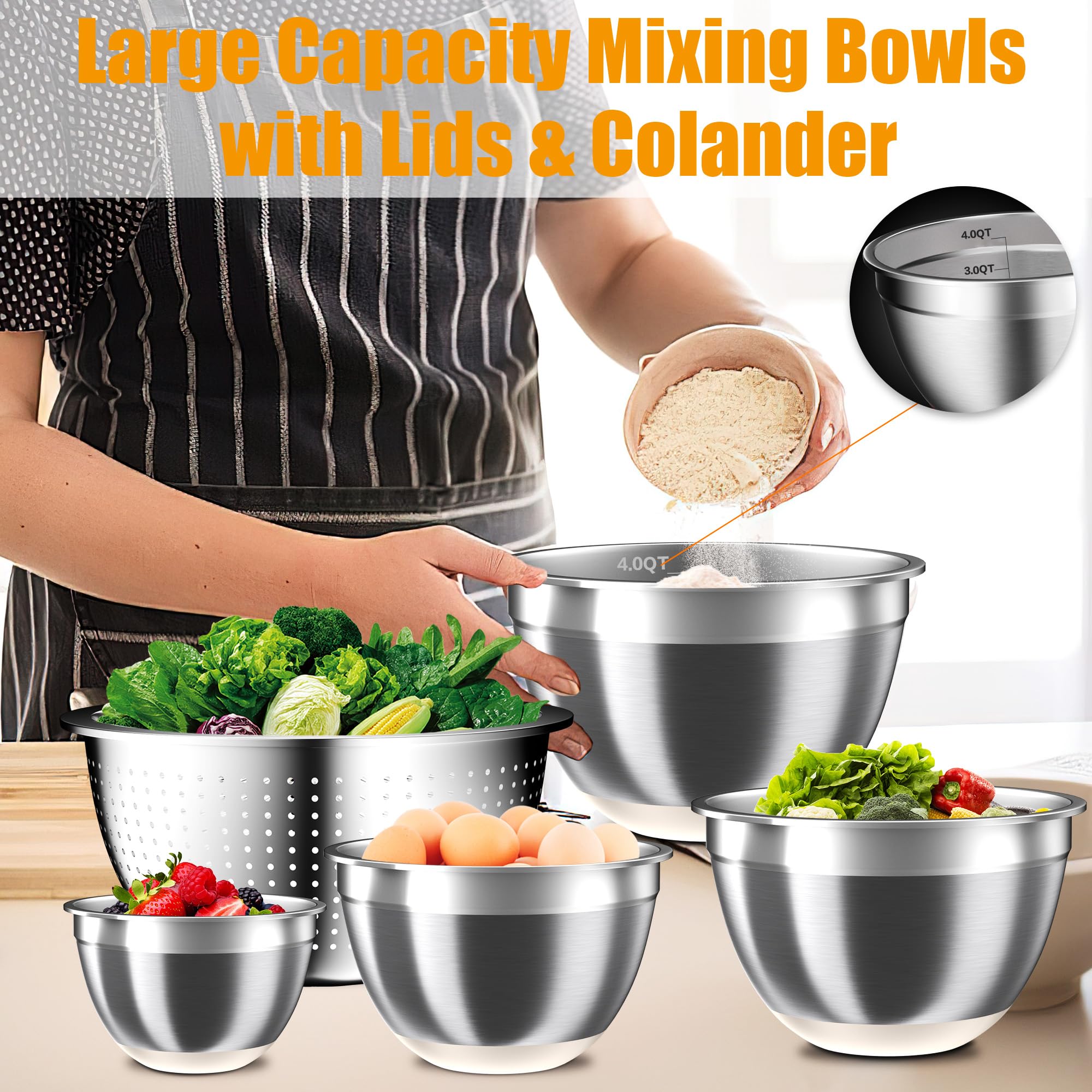 Nicdiet colander nests with bowls for efficient rinsing and storage.