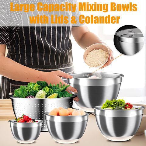 Nicdiet colander nests with bowls for efficient rinsing and storage.