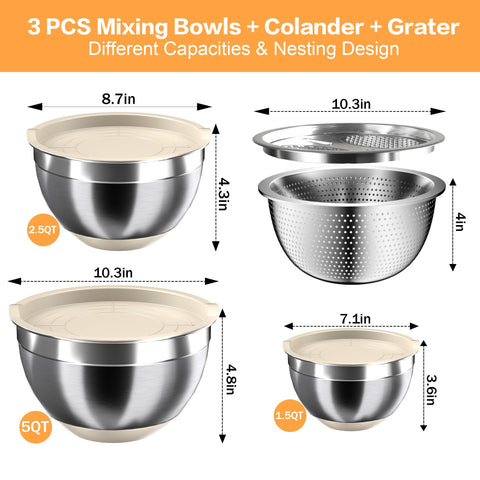 Nicdiet khaki-finish bowl set offers versatile prep for small and large batches.