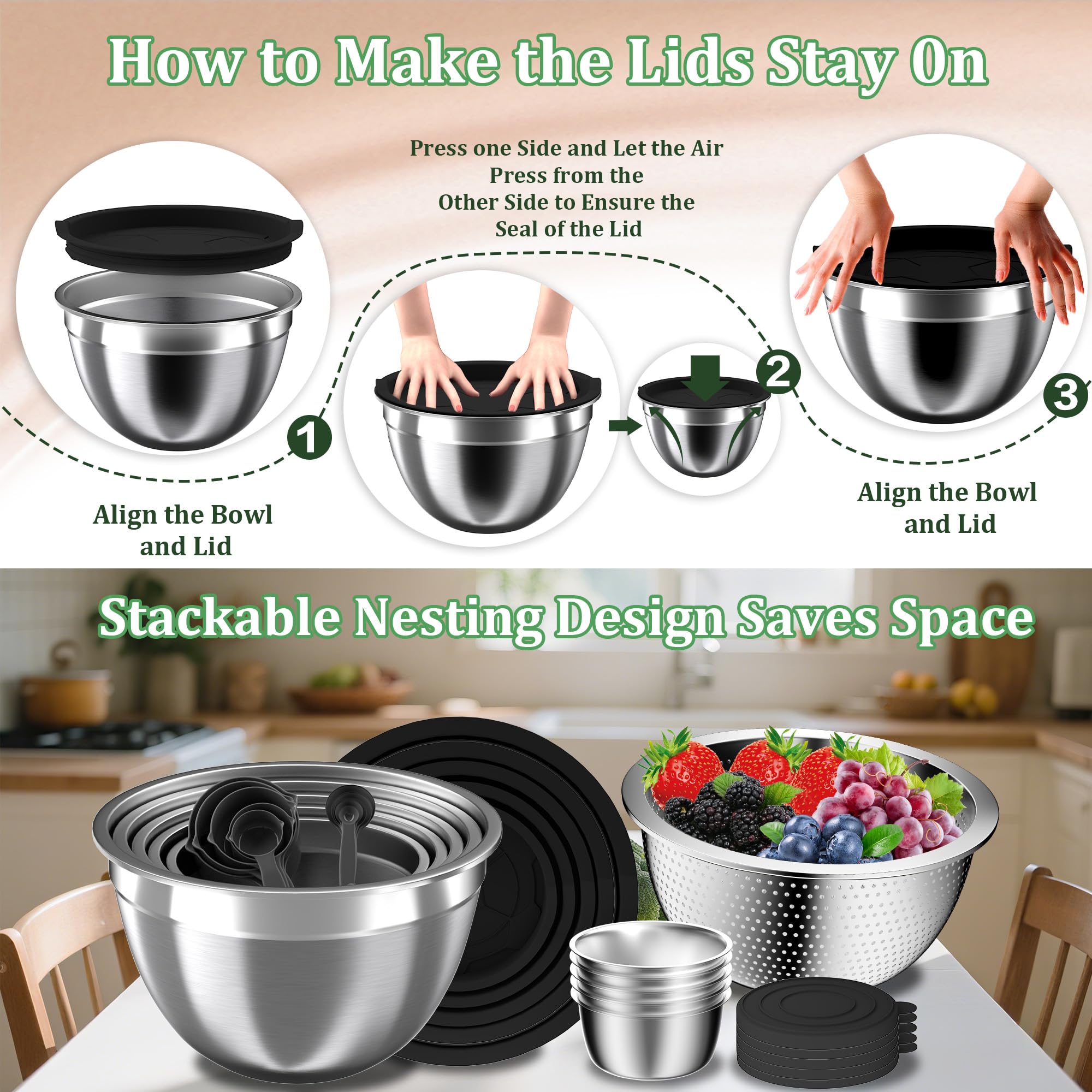 Nicdiet stainless steel bowls with colander provide quick drainage for vegetables.