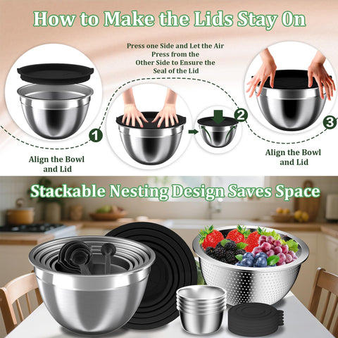 Nicdiet stainless steel bowls with colander provide quick drainage for vegetables.