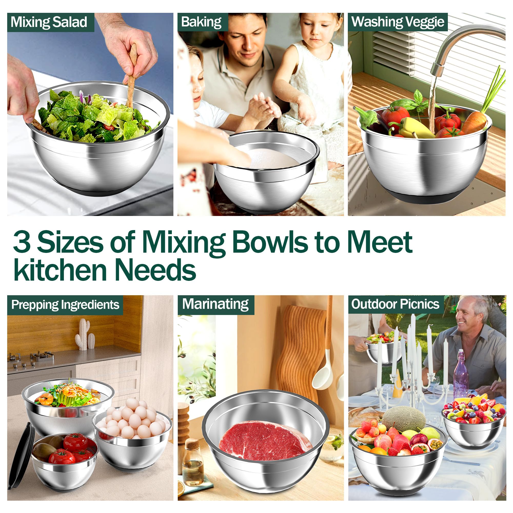 Nicdiet non-slip silicone bottom keeps bowls steady on countertops.