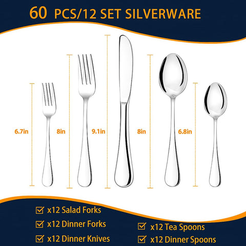 Nice Kitchen 60-piece silverware set dinner forks with balanced weight for comfortable handling.