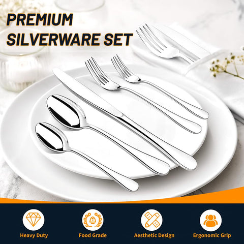 Nice Kitchen 60-piece silverware set dinner spoons with smooth bowls for enjoyable scooping.
