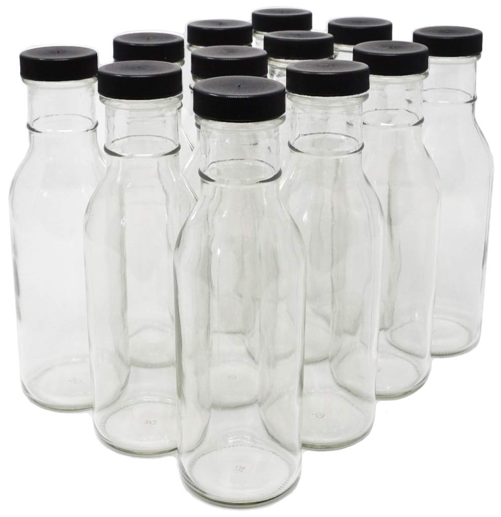 Nicebottles clear glass bottle 12oz with black cap for sauces and beverages.