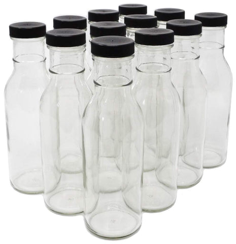 Nicebottles clear glass bottle 12oz with black cap for sauces and beverages.