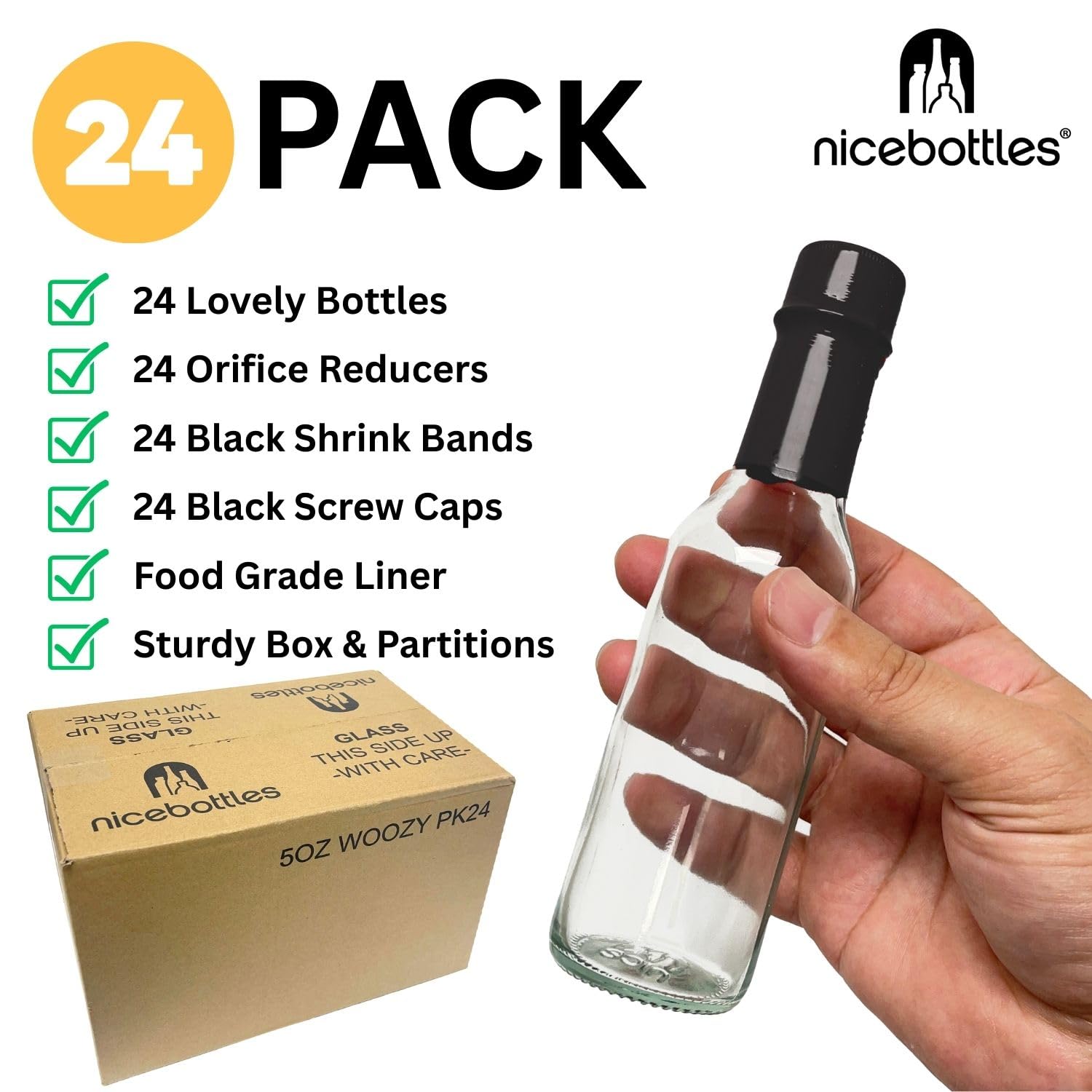 Nicebottles black cap bottle for secure storage and resealing.