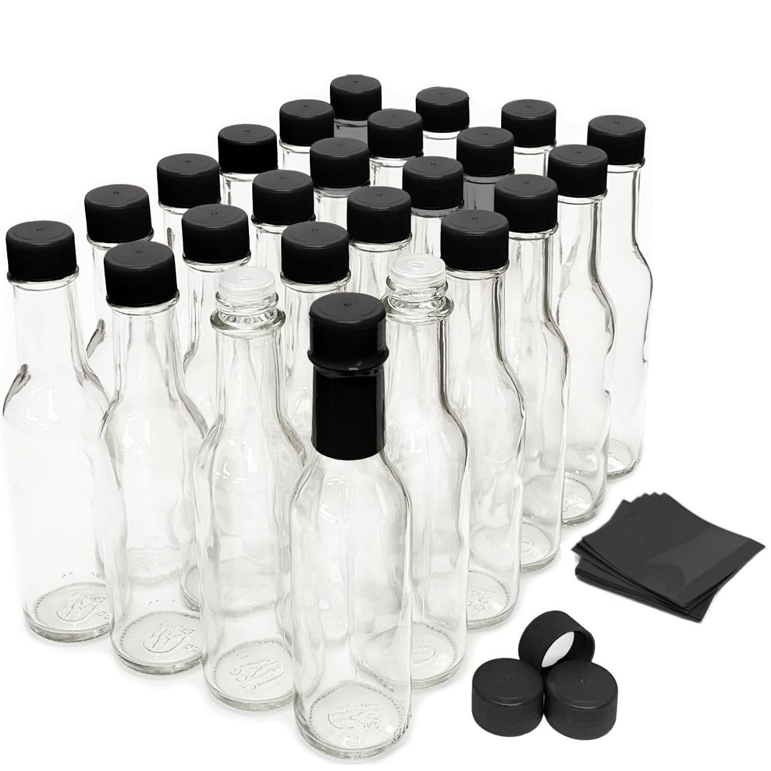 Nicebottles clear glass hot sauce bottle with dasher top for precise pouring.