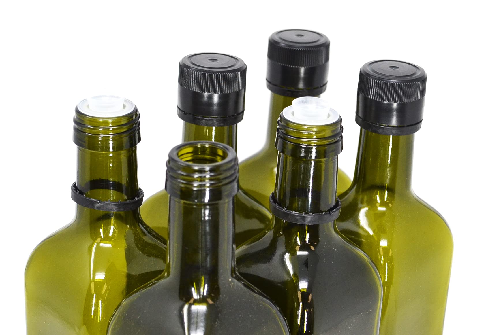 Dark green glass bottle protects olive oil from light while maintaining a sleek kitchen look