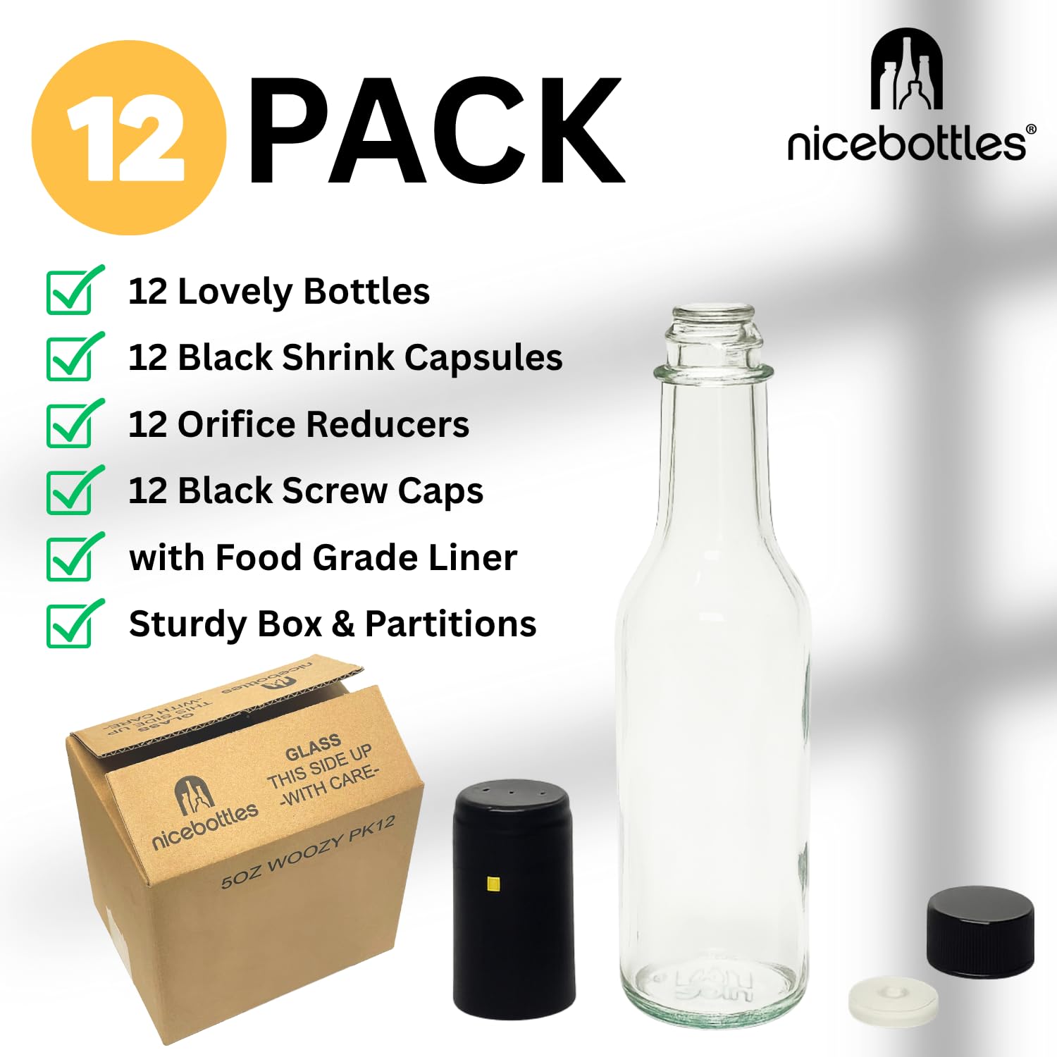 Nicebottles Woozy Bottle showing caps and shrink capsules for a professional finish.