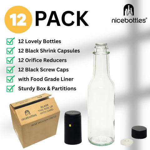 Nicebottles Woozy Bottle showing caps and shrink capsules for a professional finish.