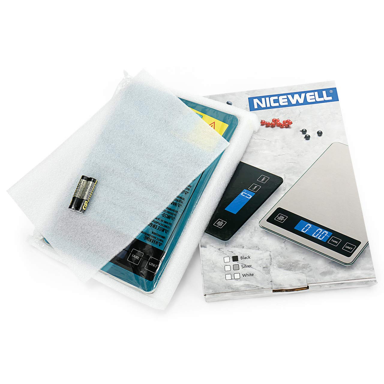 Nicewell food scale care tips image demonstrates easy cleaning for longevity.