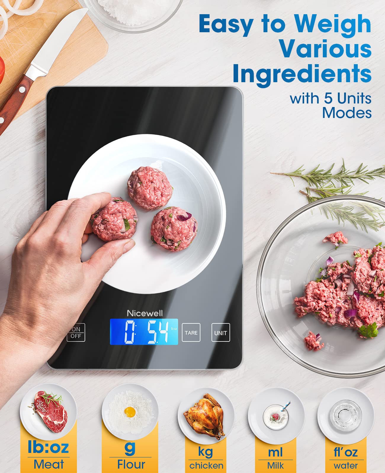 Nicewell tare function allows accurate ingredient readouts without container weight.