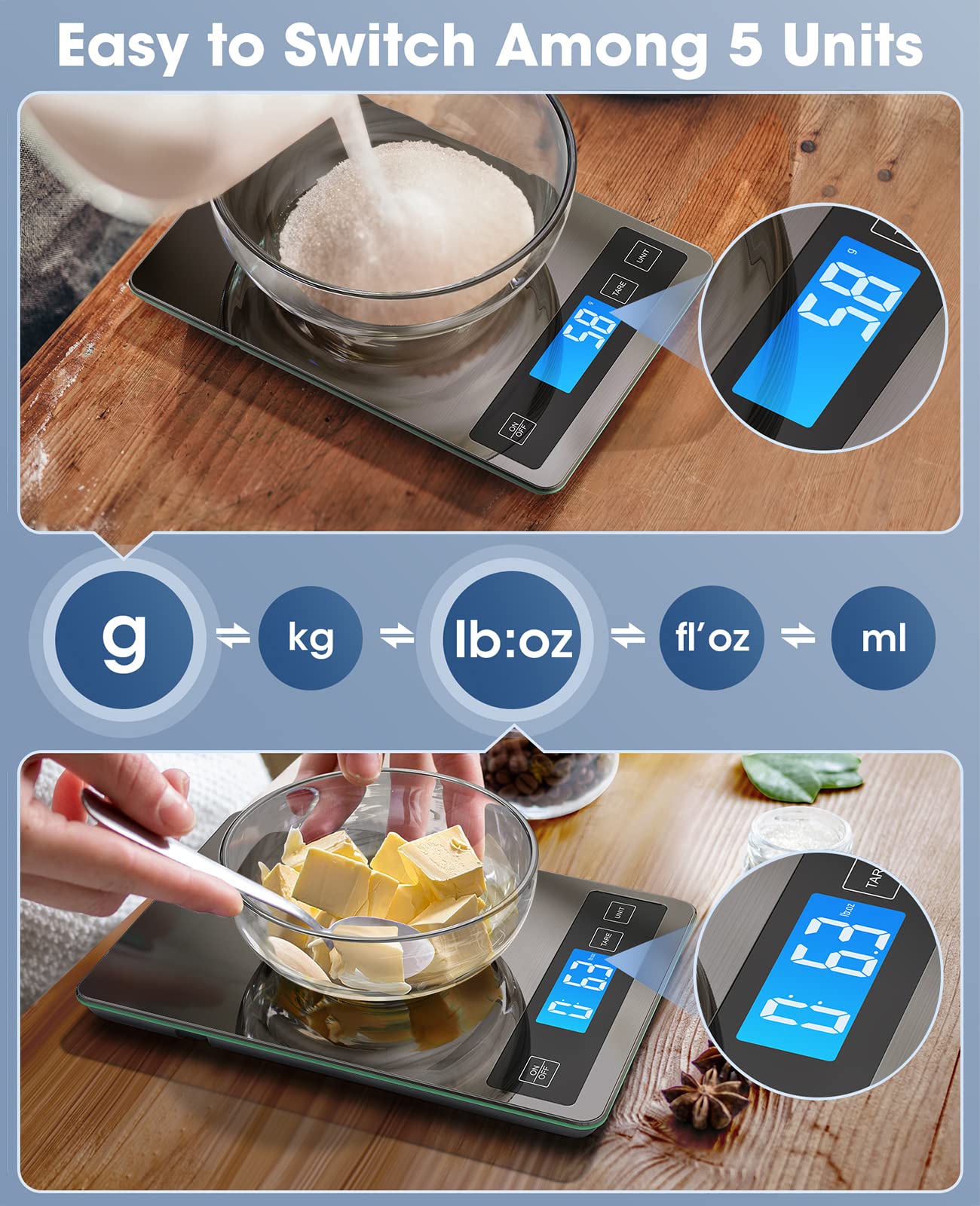 Nicewell food scale tempered glass top resists fingerprints for easy cleaning.