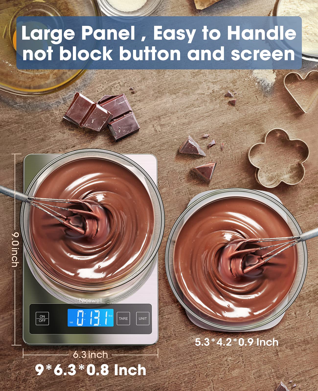 Nicewell food scale tempered glass top highlights durable, easy-to-clean surface for everyday kitchen use.