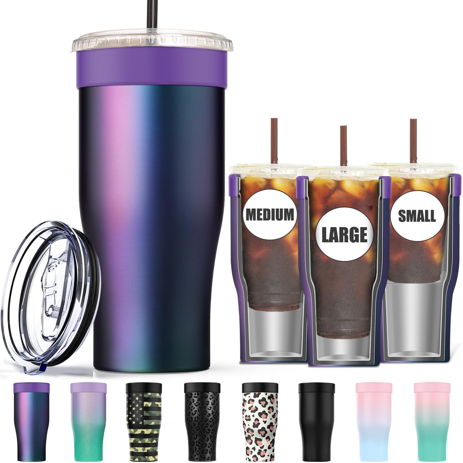 Niceyos universal-iced-coffee-sleeve demonstrates 3in1 compatibility for multiple cup sizes.