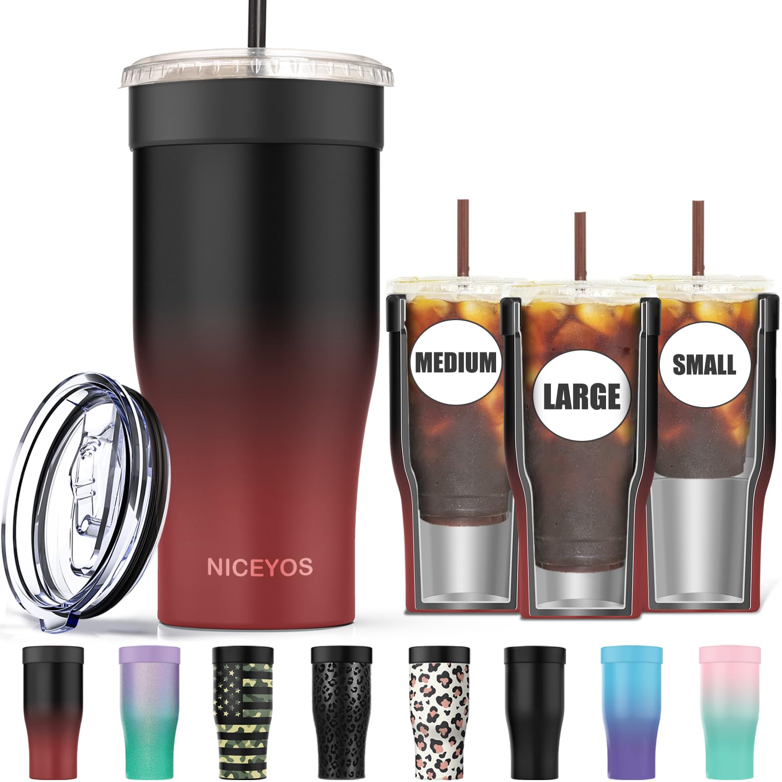 Niceyos universal iced coffee sleeve in dark flame; angled shot shows sweat-proof, snug fit across cup sizes.