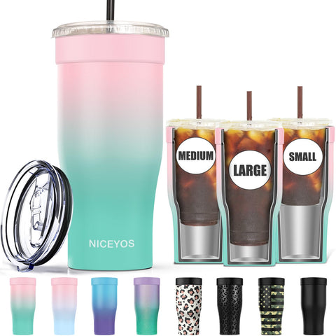 Niceyos pink universal iced coffee sleeve keeping drink icy and condensation-free