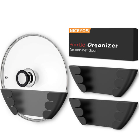 Niceyos universal lid organizer mounted on cabinet door keeps lids upright and accessible.