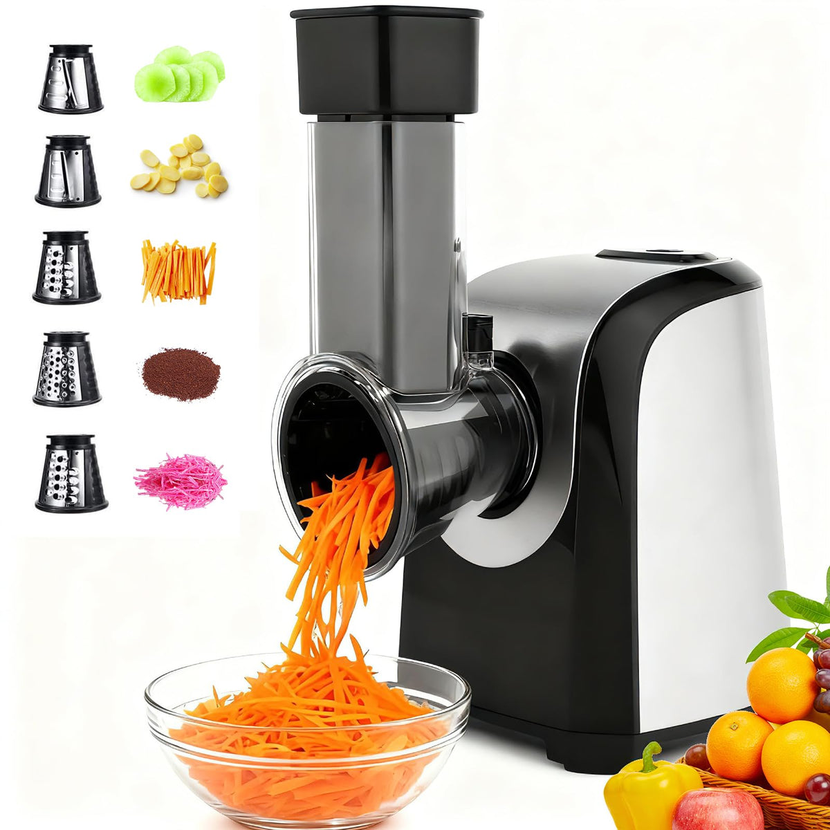 Nictemaw electric cheese grater with five blade types enables precise shredding and slicing at home.
