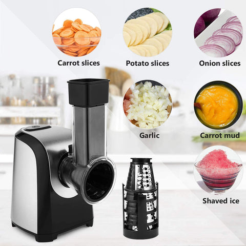 Nictemaw electric grater shredding carrots for salads and toppings.