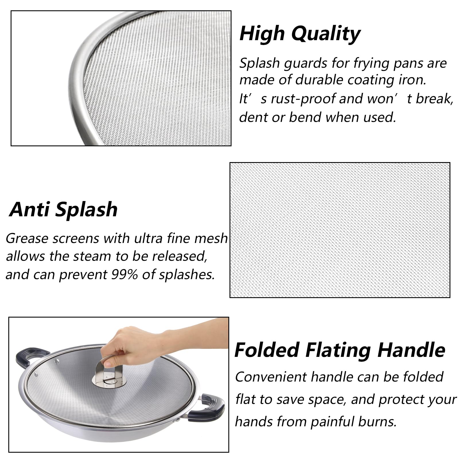 Nicunom 10-inch splatter screen on a frying pan contains splashes.