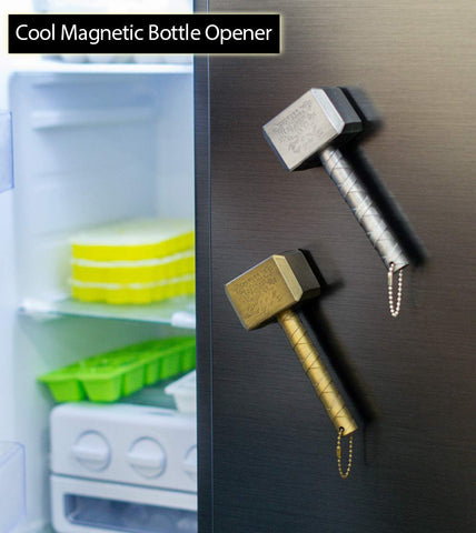 Close-up of Nidavellir hammer bottle opener showing durable ABS and metal edge.