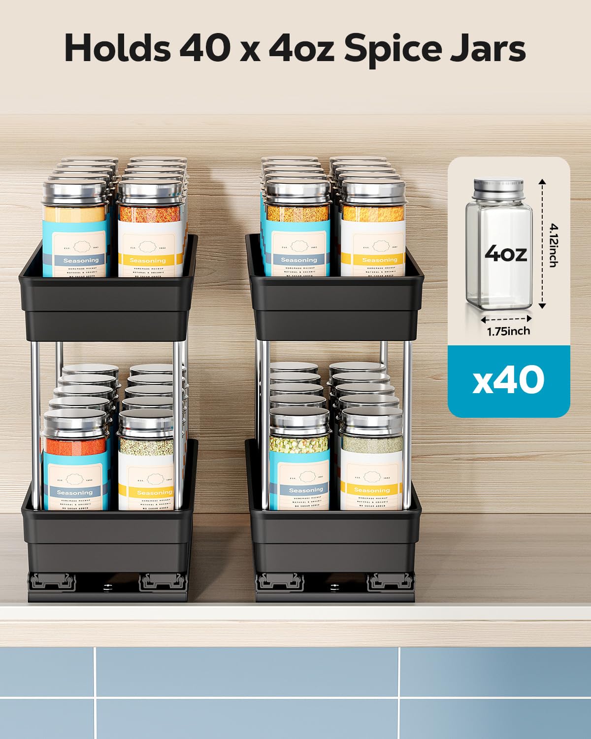 Nieifi two-tier spice rack in a 2-pack keeps jars organized