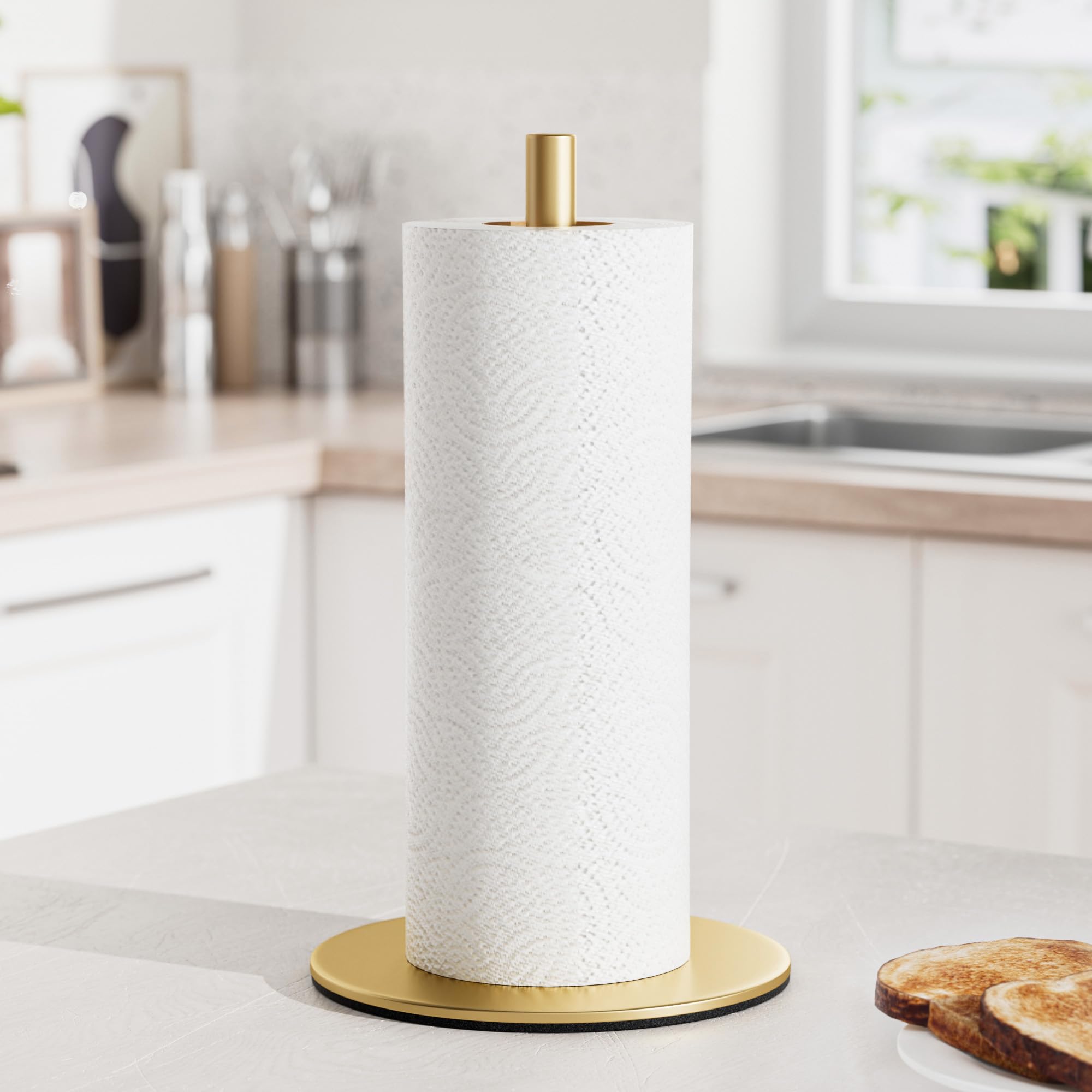 Niffgaff gold free-standing paper towel holder base detail showing non-slip silicone feet
