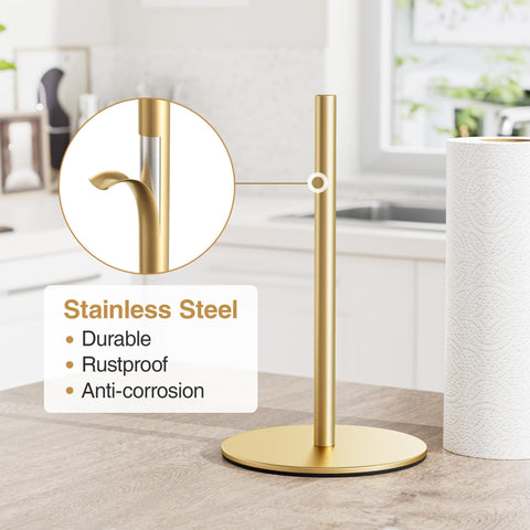 Niffgaff gold free-standing paper towel holder side profile highlighting slim footprint