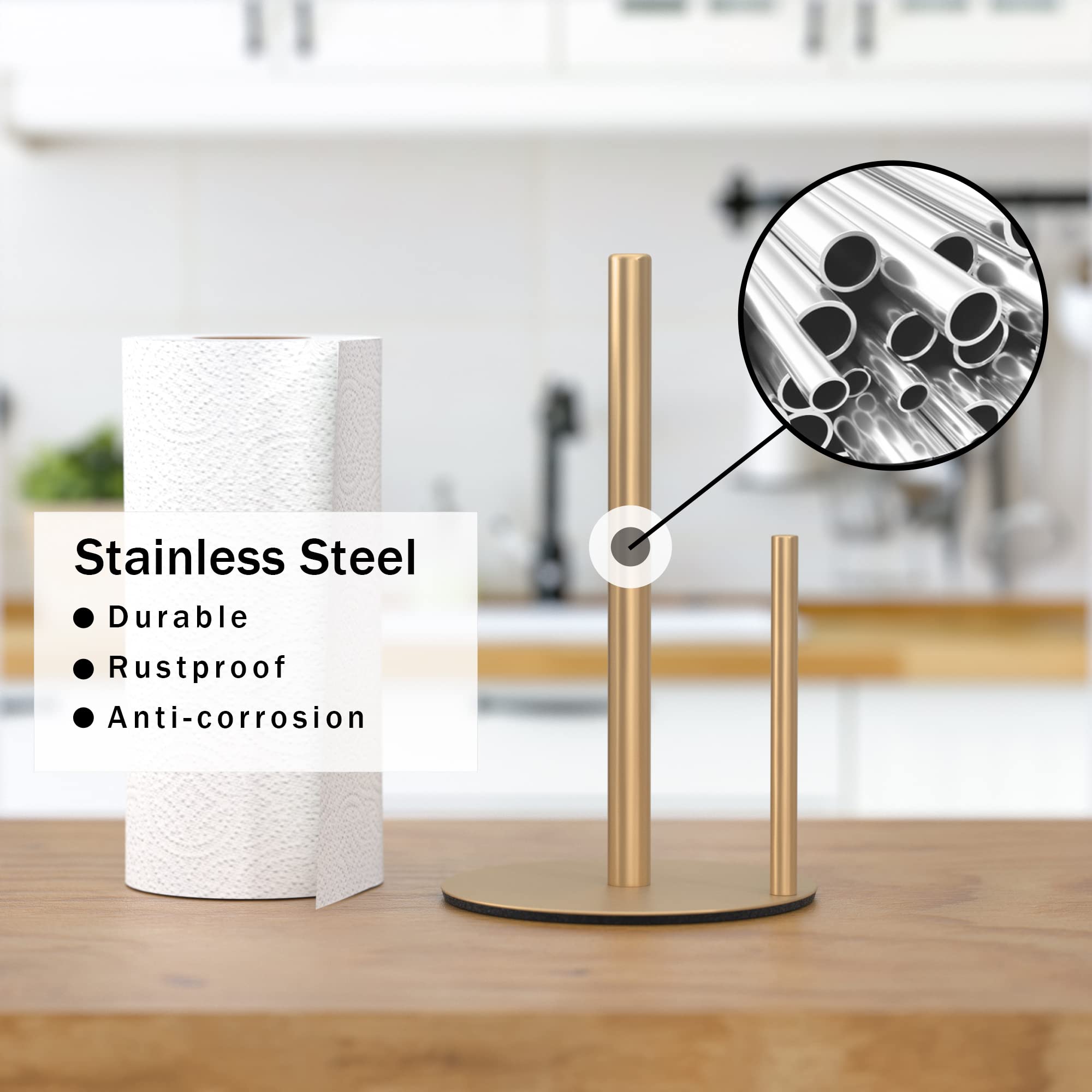 Niffgaff paper-towel-holder gold side view demonstrates easy one-hand tear.