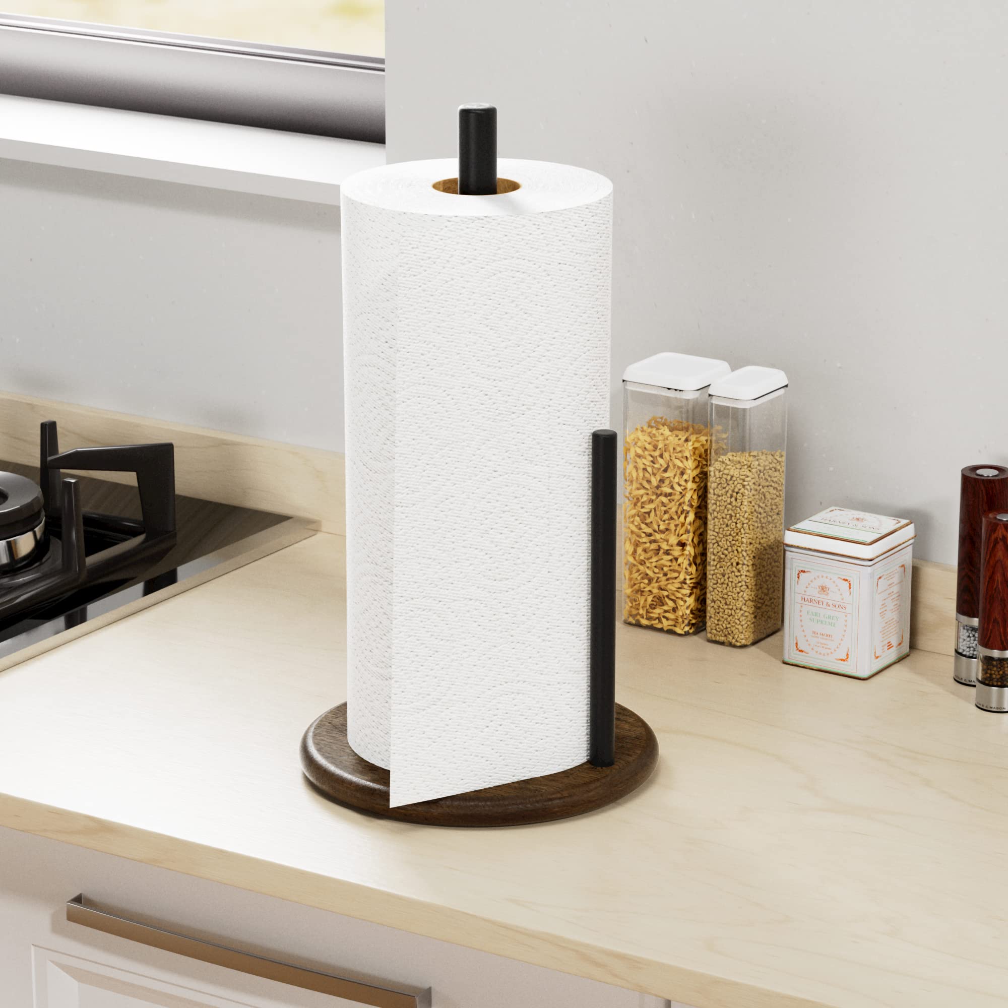 Niffgaff paper towel holder with matte black poles for modern kitchens.