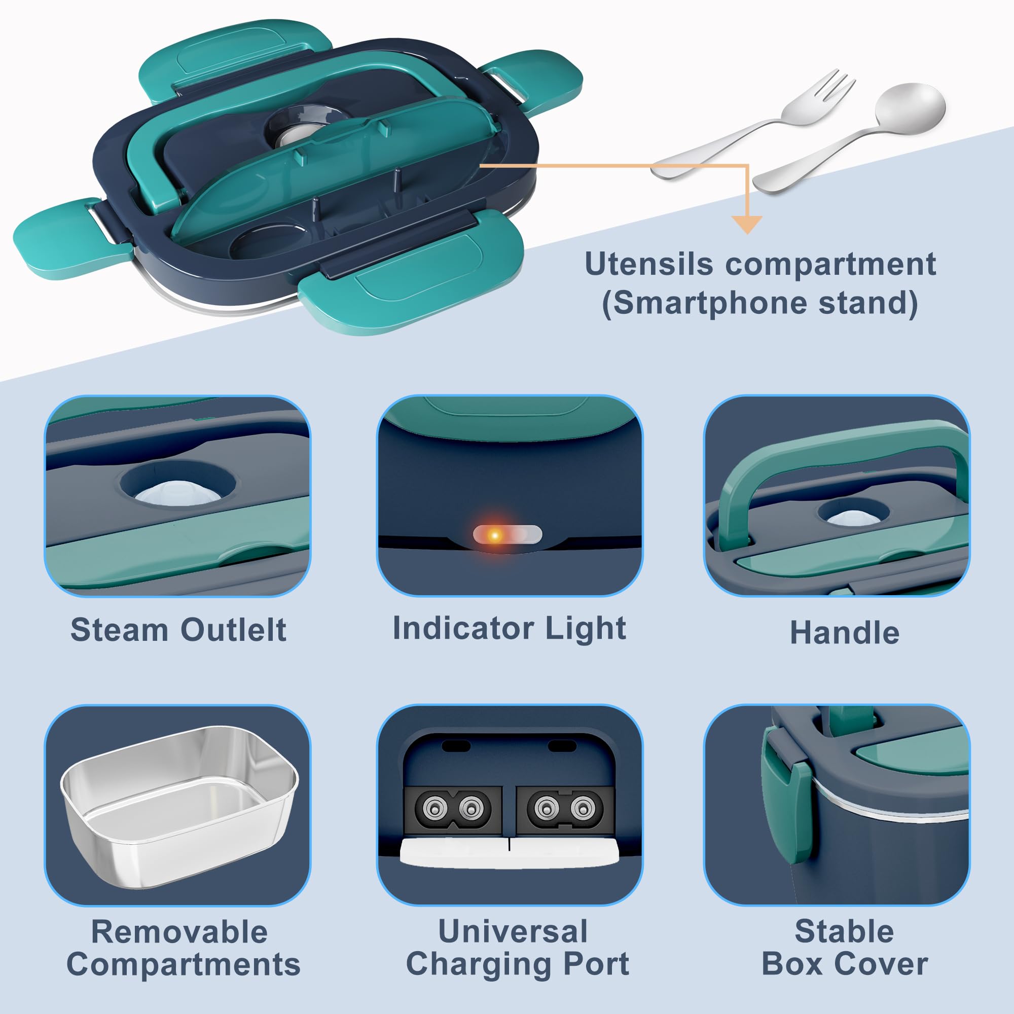 Nifogo lid with built-in spoon storage for mess-free transport.