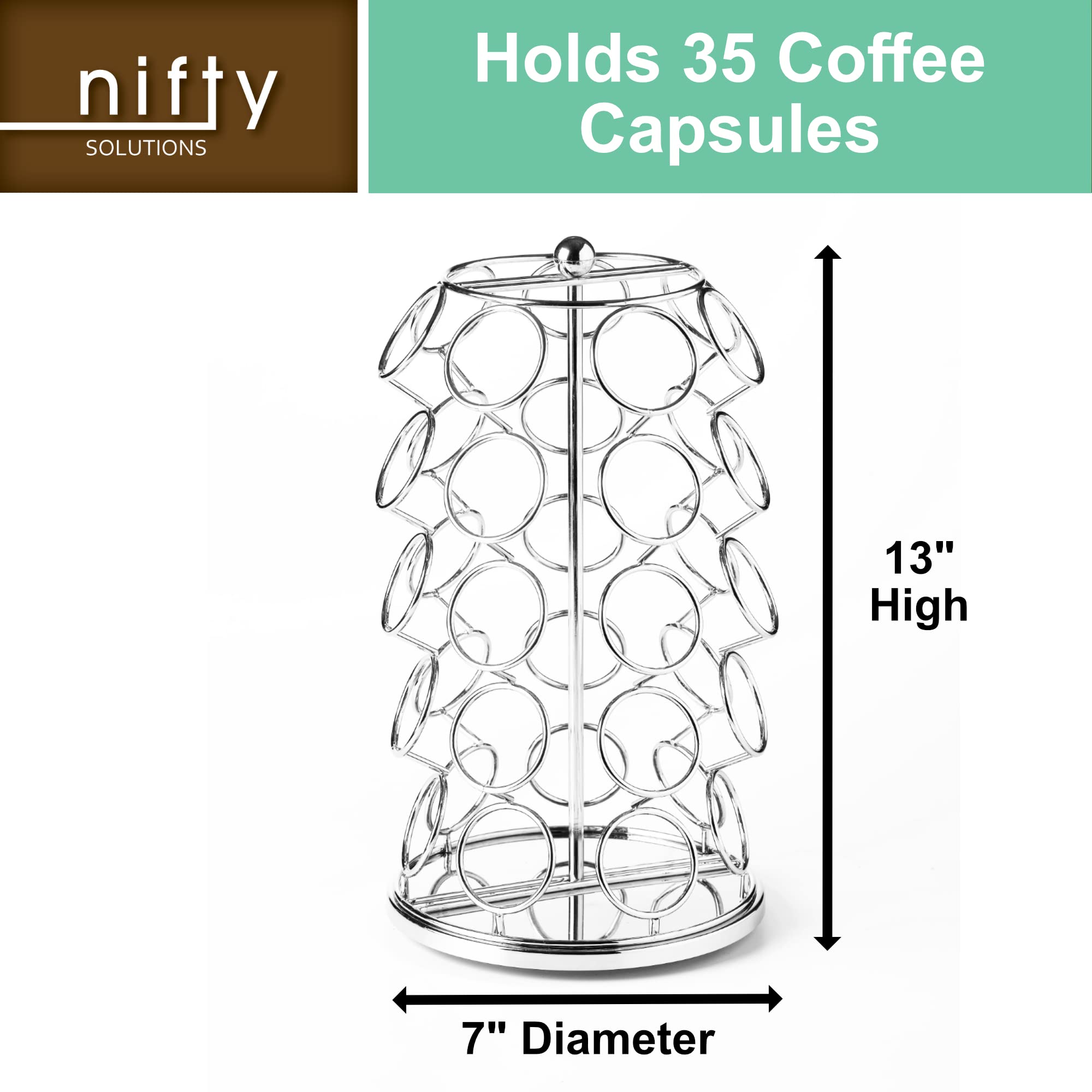 Nifty Solutions chrome coffee pod organizer adds modern countertop style.