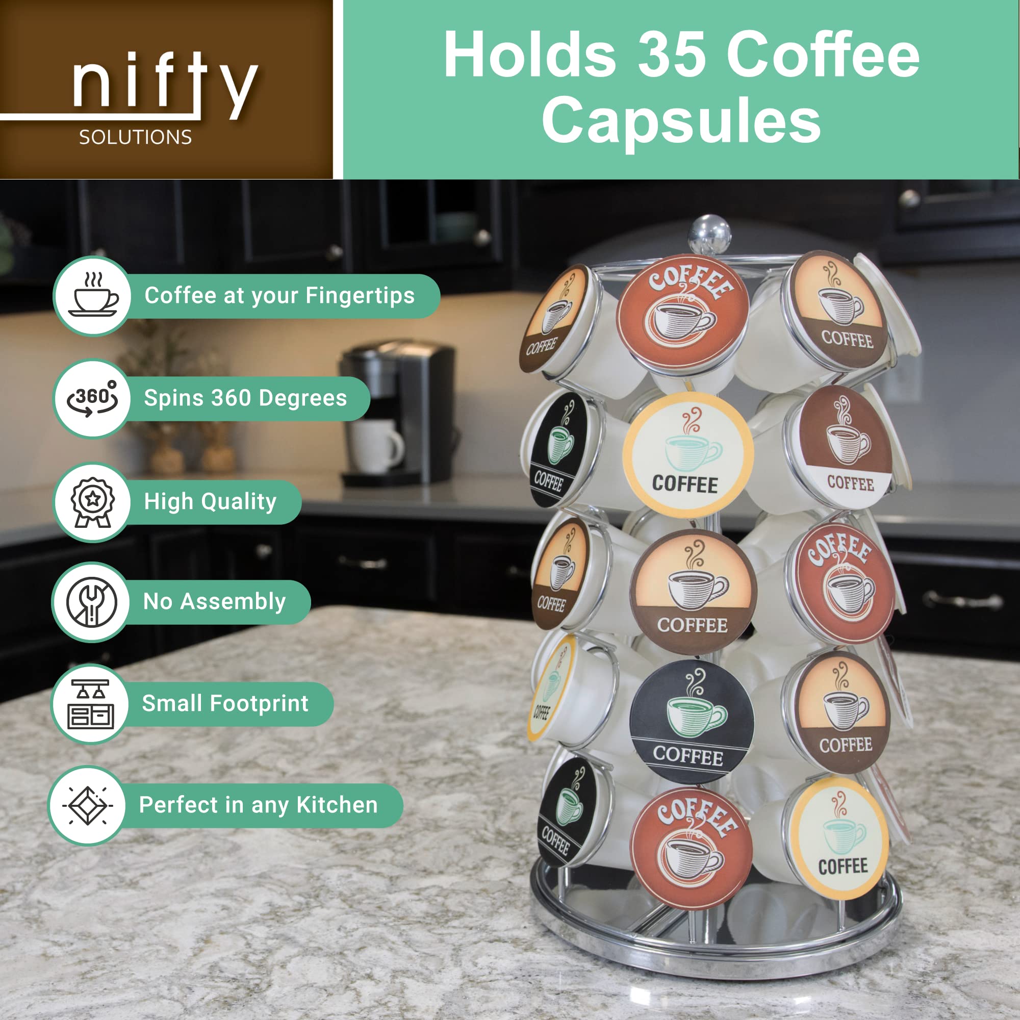 Nifty Solutions countertop storage keeps K-Cups neat and accessible.