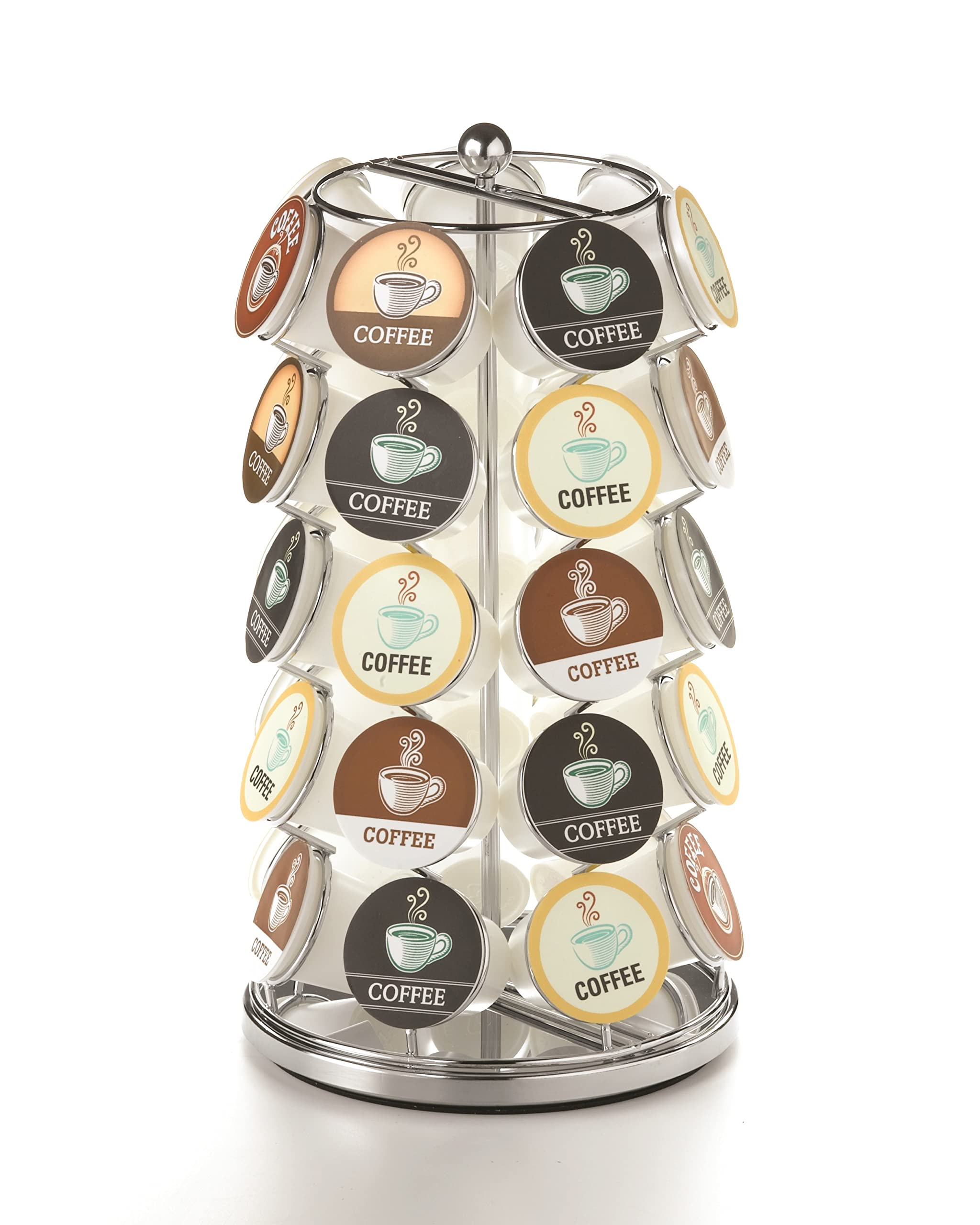 Nifty Solutions K-Cup Holder displays 35 pods in a sleek carousel for quick flavor picks.