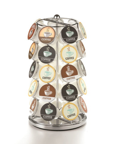 Nifty Solutions K-Cup Holder displays 35 pods in a sleek carousel for quick flavor picks.
