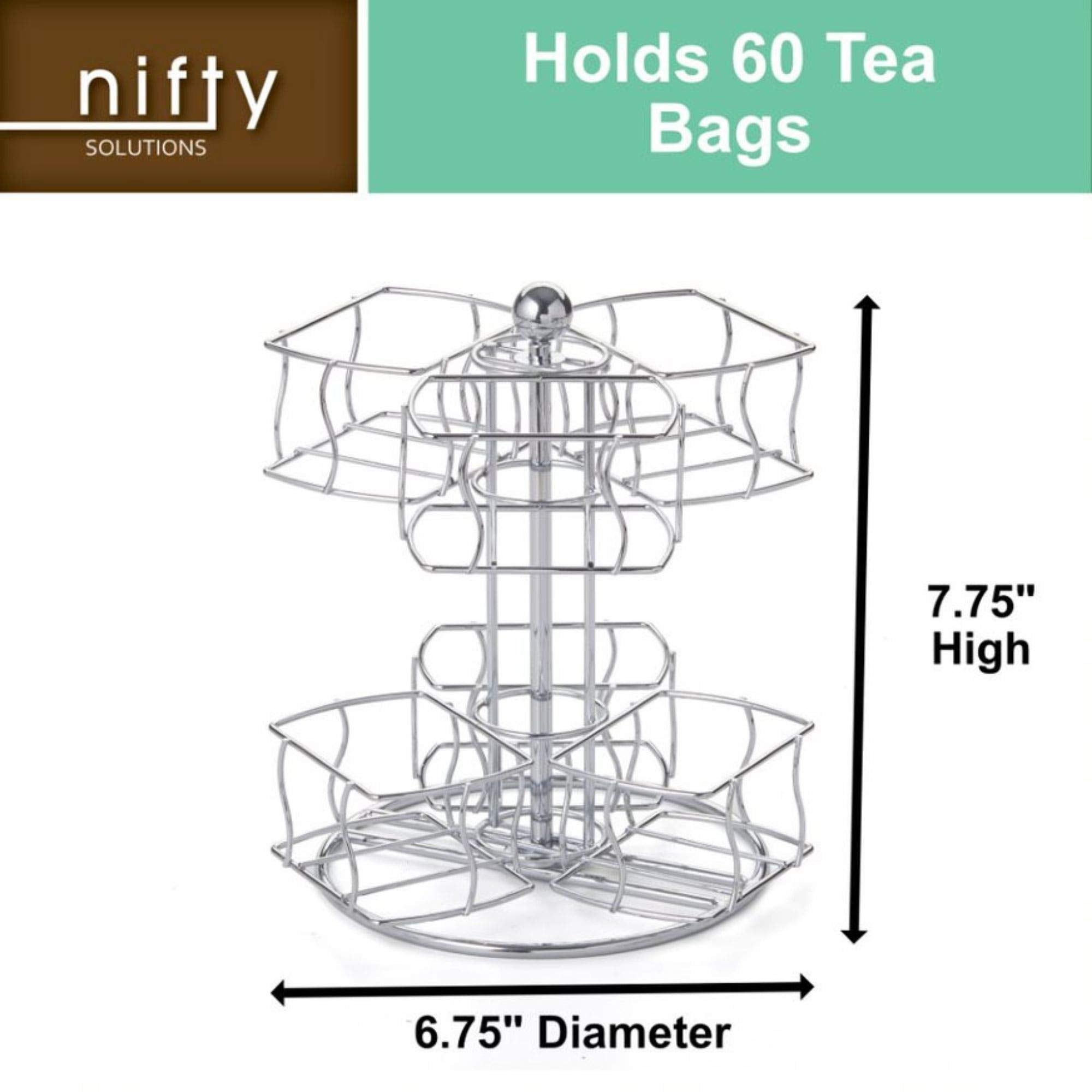 Nifty Solutions chrome finish tea bag carousel enhances kitchen counter aesthetics.