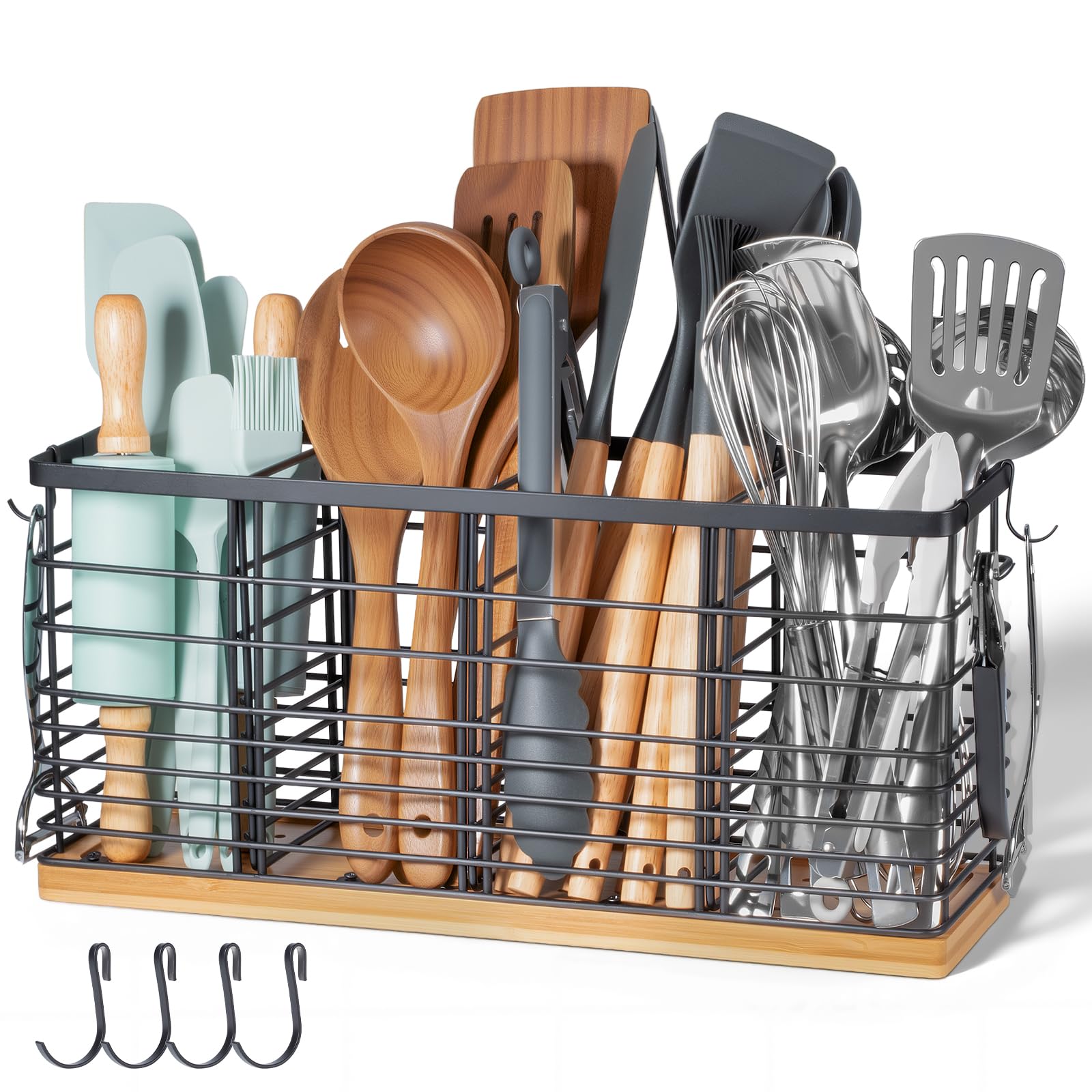Nigelia 510-ft3 metal utensil holder with wooden base keeps counter clutter-free.