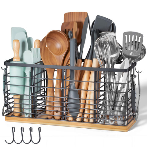 Nigelia 510-ft3 metal utensil holder with wooden base keeps counter clutter-free.