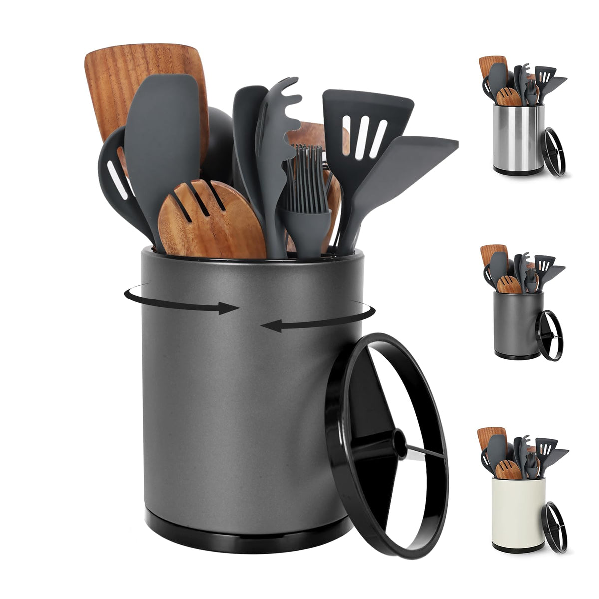 Nigelia 360° rotating utensil holder on the counter for quick tool access.