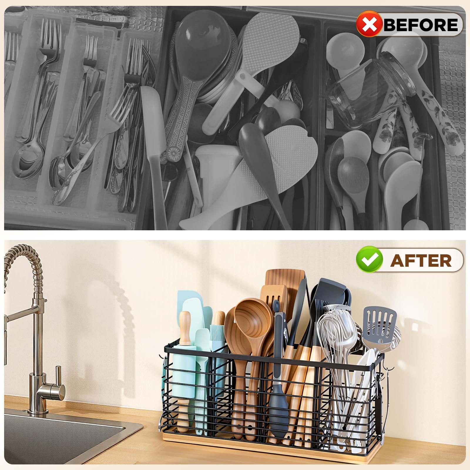 Nigelia utensil holder includes four hooks for hanging small tools and accessories.